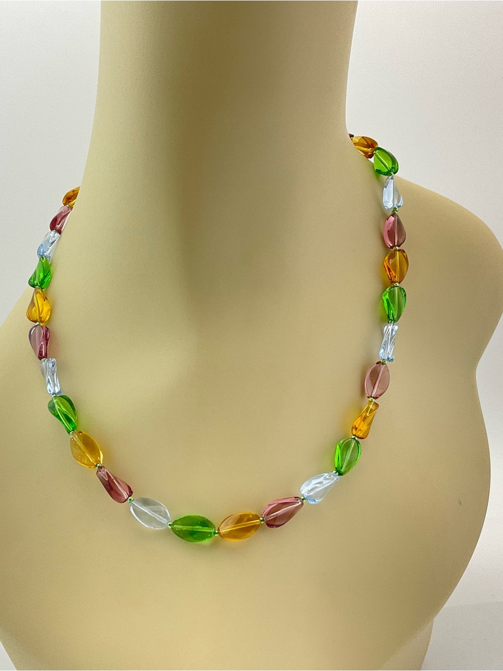 Vintage Colorful Czech Glass Twist Bead Necklace - Green, Yellow, Purple & Blue